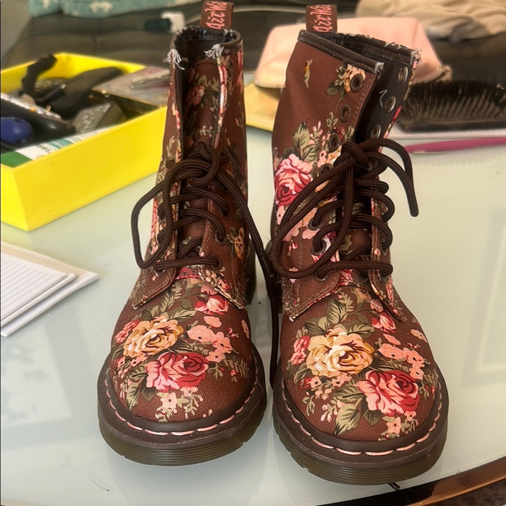 Floral Brown Dr Martens Docs with pink stitching